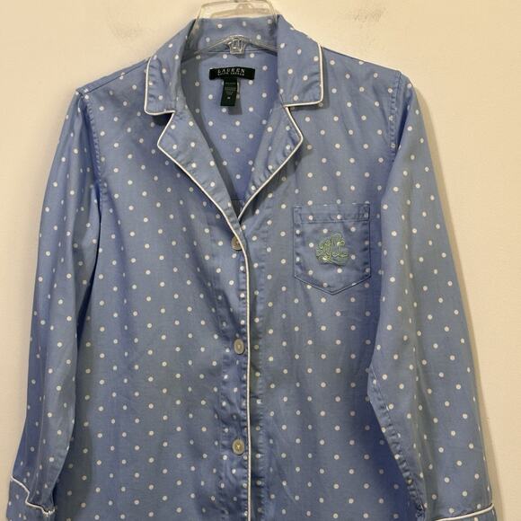 LRL Sleep Shirt M Blue Flannel Polka Dot Lauren Ralph Lauren Soft Logo Lounge - Picture 3 of 10